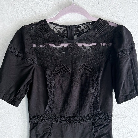 Zara Lace Mini Dress Puff Sleeves Black Sz Small Whimsigoth - Picture 3 of 6